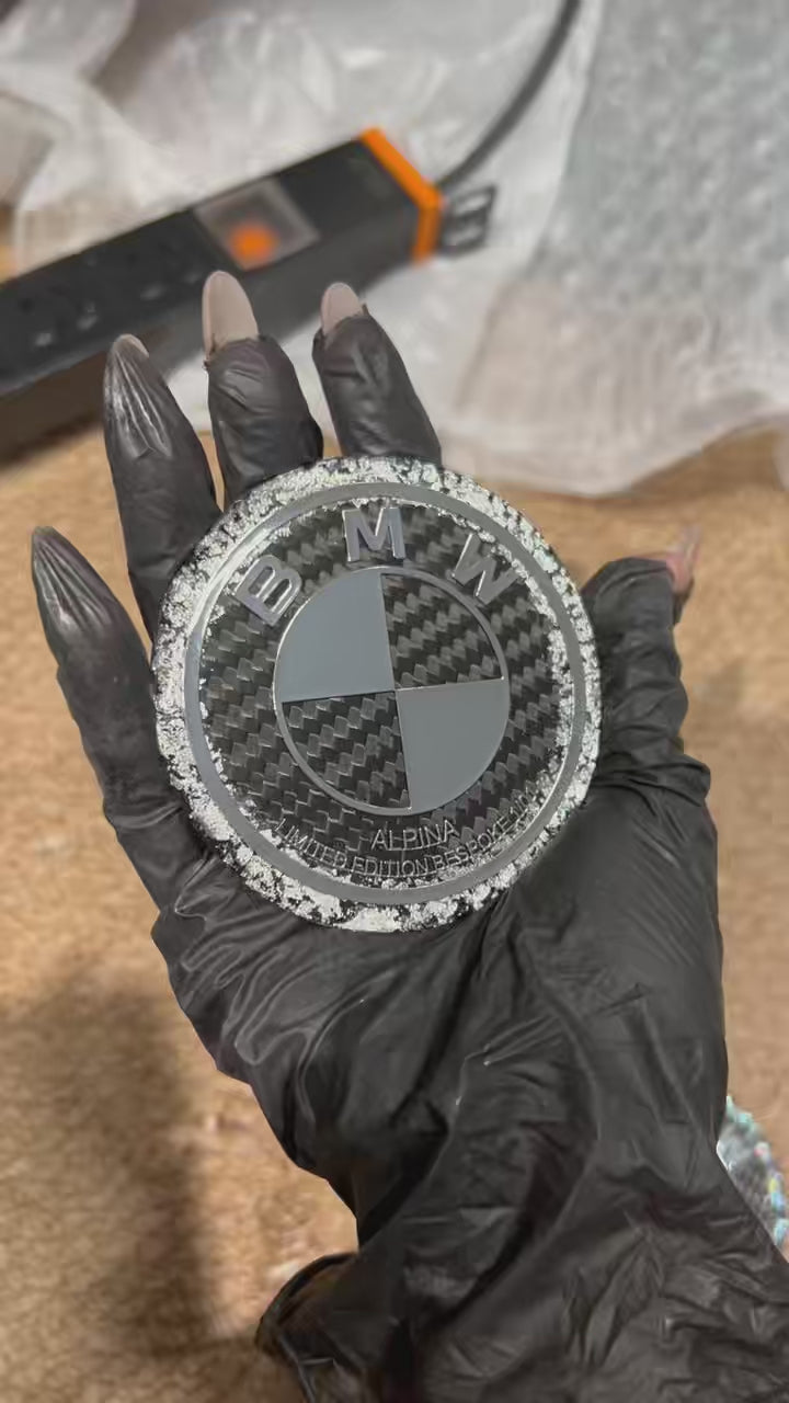 Full Dry Woven Black Carbon Fiber with Silver Flakes Badge for BMW Front Hood Emblem